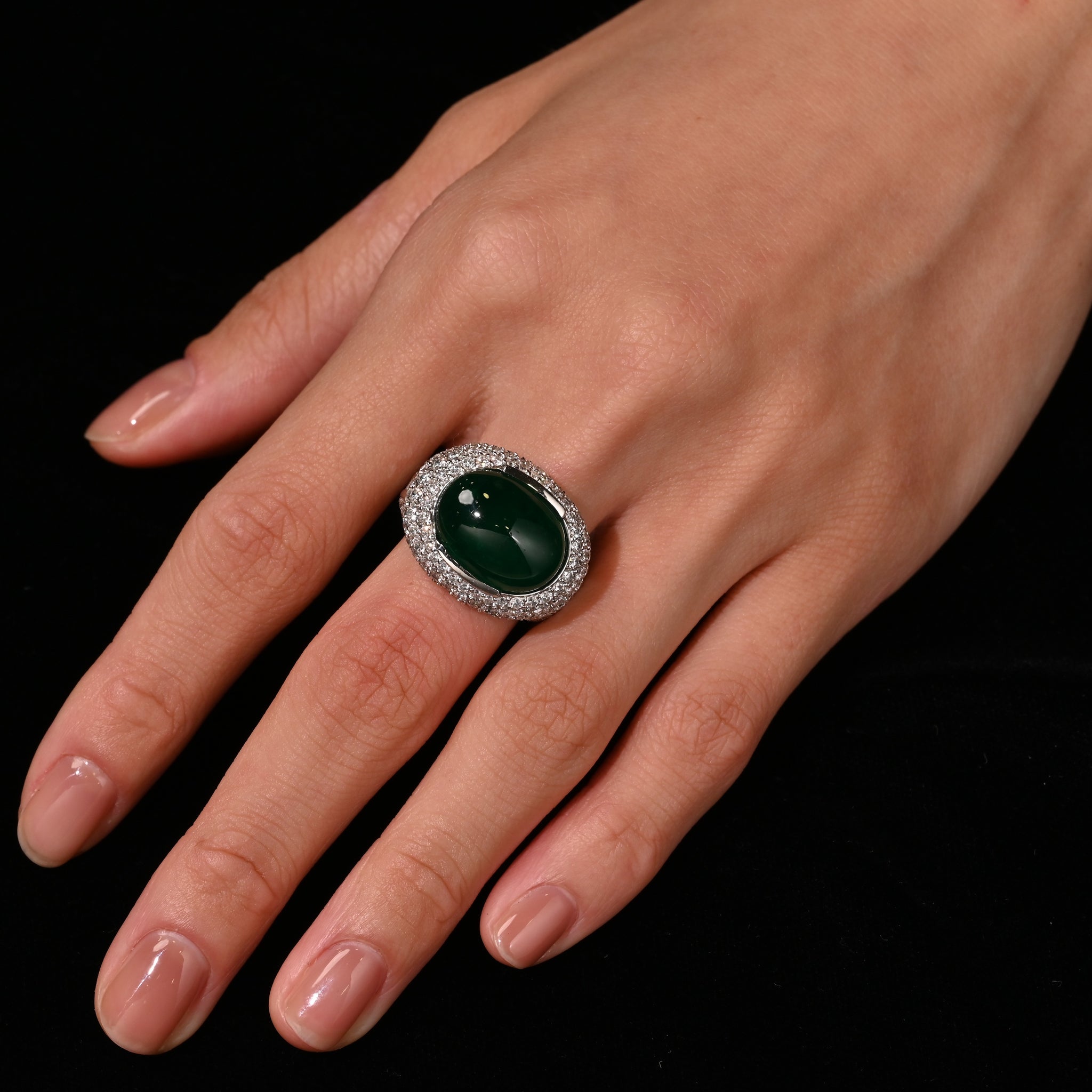 AGL Certified 10 Carat Cabochon Cut Minor Oil Emerald and Diamond Cluster Ring in 18K White Gold