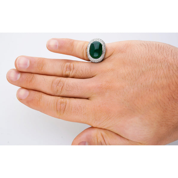 AGL Certified 10 Carat Cabochon Cut Minor Oil Emerald and Diamond Cluster Ring in 18K White Gold