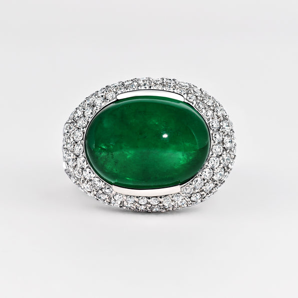 AGL Certified 10 Carat Cabochon Emerald and Diamond Cluster Ring