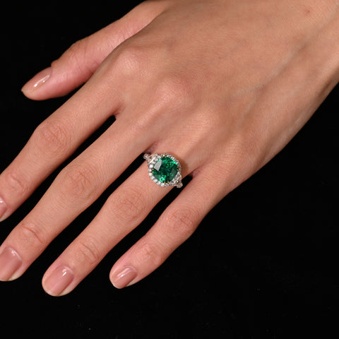 AGL Certified 3.52ct Cushion Colombian Emerald Half Moon Diamond Ring