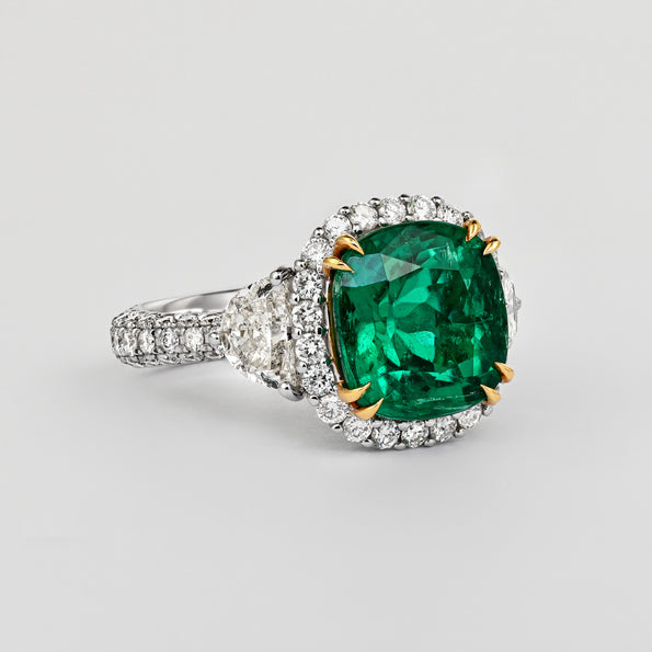 AGL Certified 3.52ct Cushion Colombian Emerald Half Moon Diamond Ring