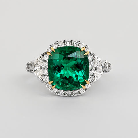 AGL Certified 3.52ct Cushion Colombian Emerald Half Moon Diamond Ring