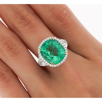 AGL Certified 7.36 Carat No Oil Cushion-Cut Colombian Emerald & Half Moon Cut Diamonds Ring – Assay Jewelers