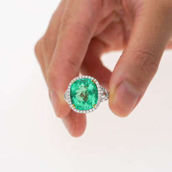 AGL Certified 7.36 Carat No Oil Cushion-Cut Colombian Emerald & Half Moon Cut Diamonds Ring – Assay Jewelers