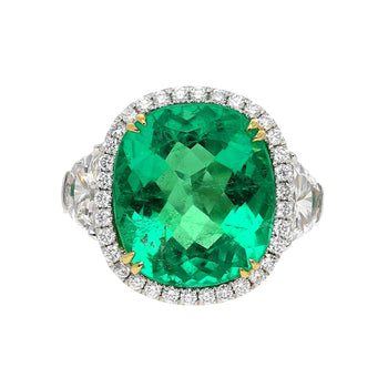 AGL Certified 7.36 Carat No Oil Cushion-Cut Colombian Emerald & Half Moon Cut Diamonds Ring – Assay Jewelers