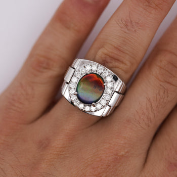 Ammolite & Diamond Halo in 14K White Gold Men's Statement Ring – Assay Jewelers