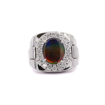 Ammolite & Diamond Halo in 14K White Gold Men's Statement Ring – Assay Jewelers