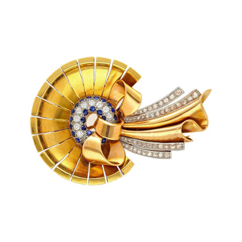 Antique 1940's Diamond & Sapphire Bonnet (Hat) and Ribbon Brooch in 18K Rose & Yellow Gold – Assay Jewelers