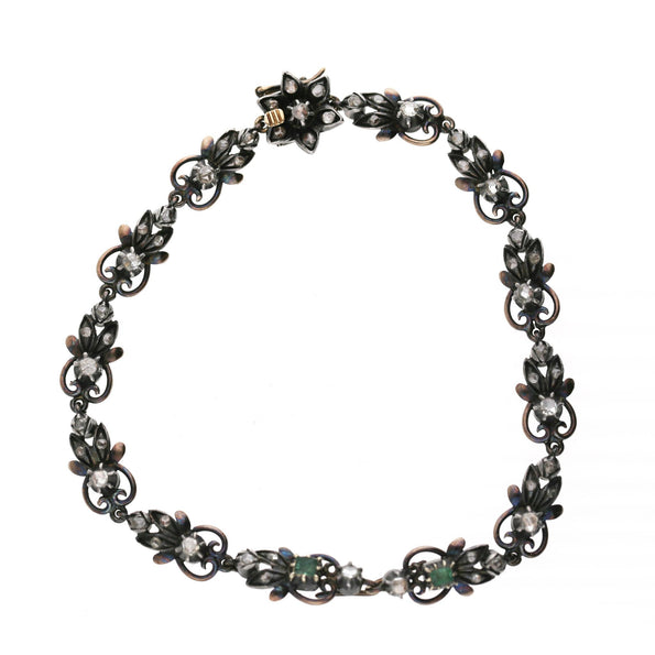 Antique Victorian Emerald Rose Cut Diamond Silver/Gold Parure Suite Necklace