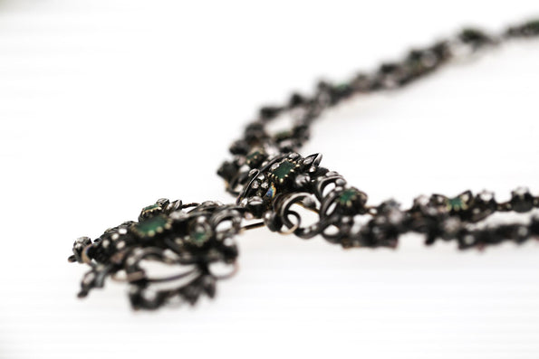 Antique Victorian Emerald Rose Cut Diamond Silver/Gold Parure Suite Necklace