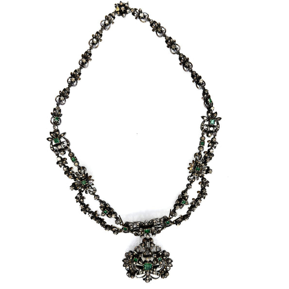 Antique Victorian Emerald Rose Cut Diamond Silver/Gold Parure Suite Necklace