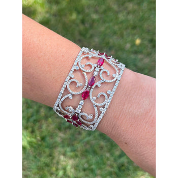 Art Deco 35 Carat Ruby & 11 Carat Diamond Filigree Floral Motif Bracelet in 18K White Gold – Assay Jewelers