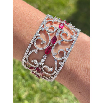 Art Deco 35 Carat Ruby & 11 Carat Diamond Filigree Floral Motif Bracelet in 18K White Gold – Assay Jewelers