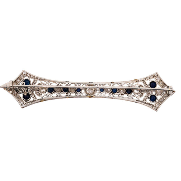 Art Deco 4 Carat Old European Cut Diamond & Sapphire 18K White Gold Pin Brooch