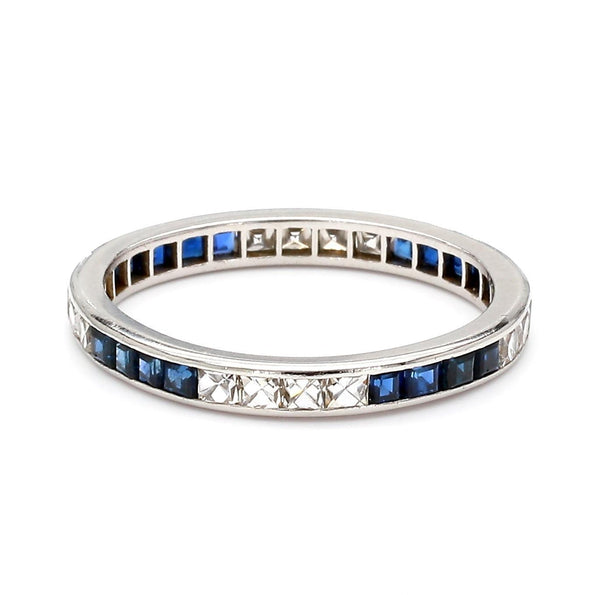 Art Deco French Cut Diamond & Sapphire Platinum Full Eternity Wedding Band Ring