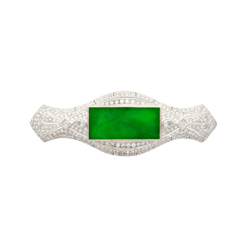 Art Deco Jadeite and Diamond Brooch Pin 18K White Gold