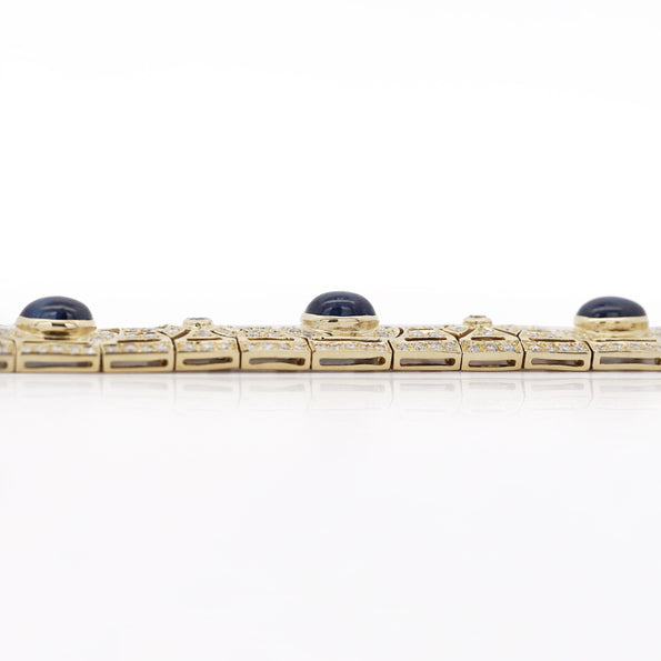 Art Deco Style 12 Carat Cabochon Sapphire & Diamond 18K Gold Bracelet