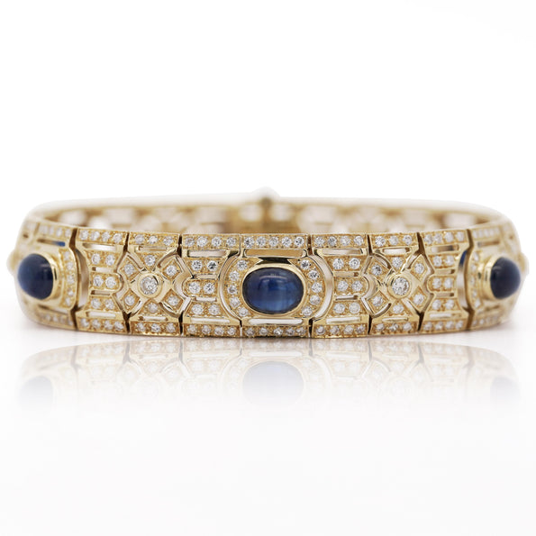 Art Deco Style 12 Carat Cabochon Sapphire & Diamond 18K Gold Bracelet