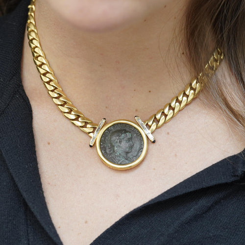 Authentic Constantine Roman Coin Bezel 18K Gold Cuban Chain Necklace