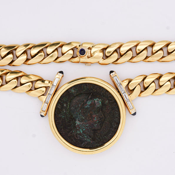 Authentic Constantine Roman Coin Bezel 18K Gold Cuban Chain Necklace