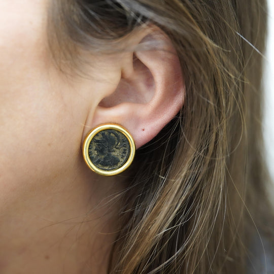 Authentic Roman Coin 14K Gold Bezel Set Stud Earrings With Lever Backs