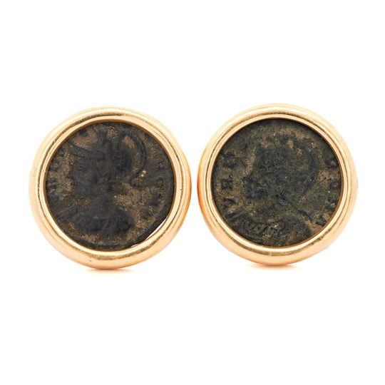 Authentic Roman Coin 14K Gold Bezel Set Stud Earrings With Lever Backs