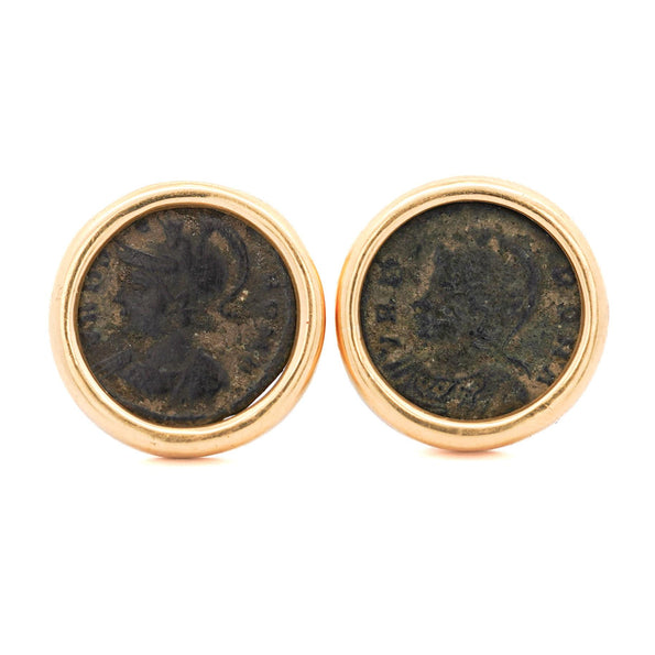 Authentic Roman Coin 14K Gold Bezel Set Stud Earrings With Lever Backs