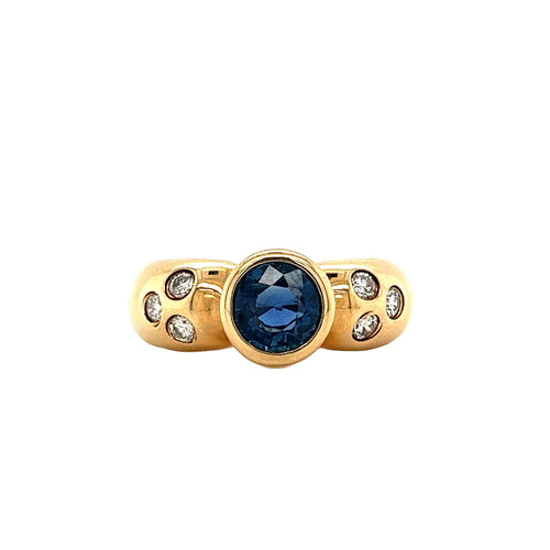 Bezel Set Blue Sapphire and Diamond Ring in 14k Yellow Gold