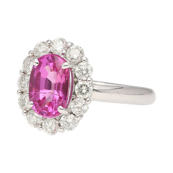 CGTL Bague halo en or blanc 18k avec saphir rose taille ovale 3.96 carat et diamants certifiée CGTL – Assay Jewelers
