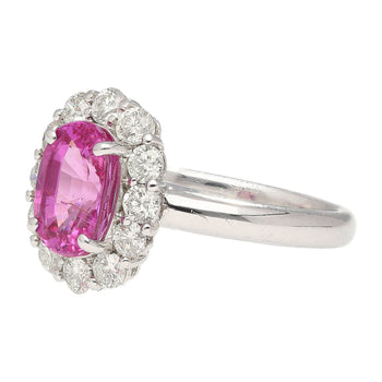 Bague halo certifiée CGTL en or blanc 18k avec saphir rose taille ovale de 3,96 carats et diamants – Assay Jewelers