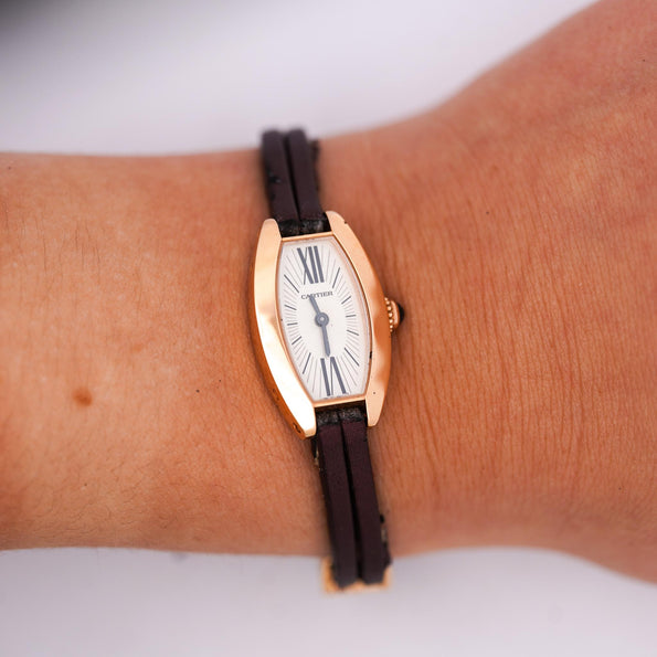 Cartier Mini Tonneau Lanieres 2592 18K Rose Gold Burgundy Strap Quartz Watch