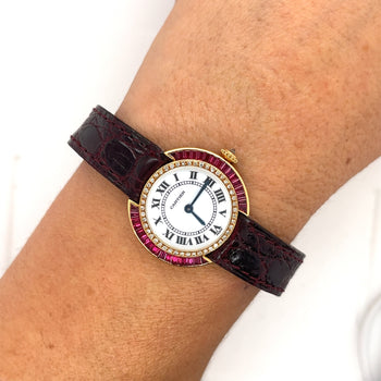 Cartier Paris 18K Gold and Leather 28MM Manual Wind Baguette Ruby and Diamond Watch – Assay Jewelers