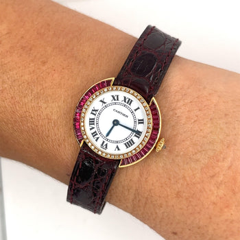 Cartier Paris 18K Gold and Leather 28MM Manual Wind Baguette Ruby and Diamond Watch – Assay Jewelers