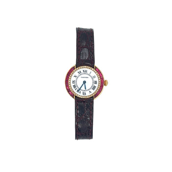 Cartier Paris 18K Gold and Leather 28MM Manual Wind Baguette Ruby and Diamond Watch – Assay Jewelers
