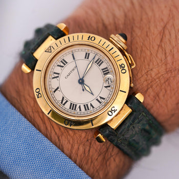 Cartier Pasha 1035 Automatic Watch 18K Gold Ivory Dial Alligator Strap 35mm – Assay Jewelers