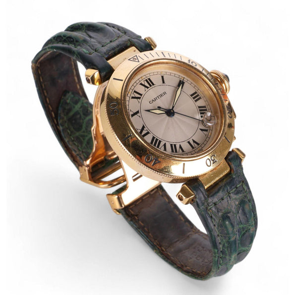 Cartier Pasha 1035 Automatic Watch 18K Gold Ivory Dial Alligator Strap 35mm