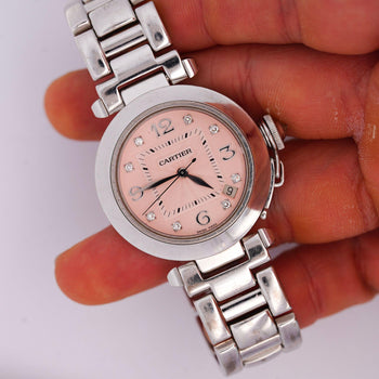 Cartier Pasha 2308 Diamond 18K White Gold Pink Dial Bracelet Automatic Watch – Assay Jewelers