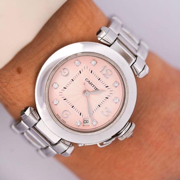 Cartier Pasha 2308 Diamond 18K White Gold Pink Dial Bracelet Automatic Watch