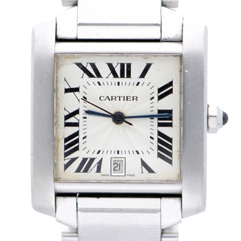 Cartier Tank Francaise 2302 Large Steel Guilloche Roman Dial Blue Hands Watch – Assay Jewelers