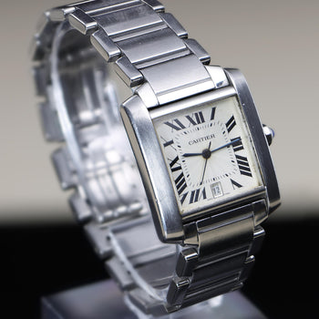 Cartier Tank Francaise 2302 Large Steel Guilloche Roman Dial Blue Hands Watch – Assay Jewelers