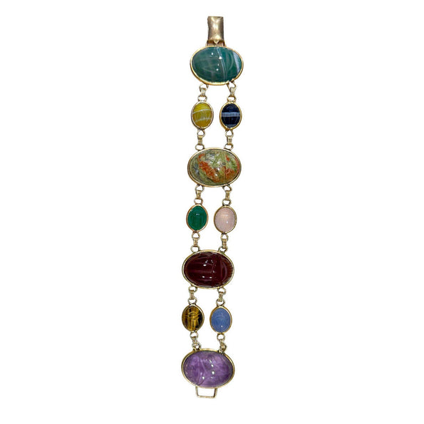 Carved Scarab Beetle 14K Gold Multicolor Hardstone Egyptian Revival Bracelet