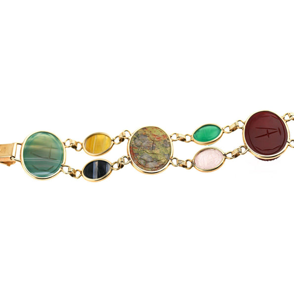 Carved Scarab Beetle 14K Gold Multicolor Hardstone Egyptian Revival Bracelet