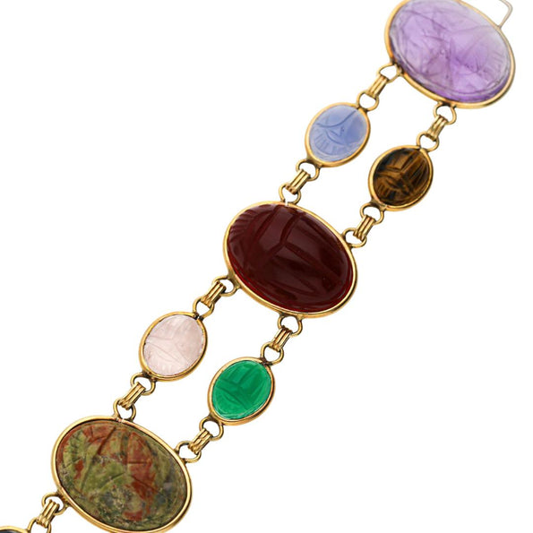 Carved Scarab Beetle 14K Gold Multicolor Hardstone Egyptian Revival Bracelet