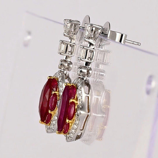 Certified 9.47 Carat Burma Ruby & Diamond Milgrain Chandelier Drop Earrings