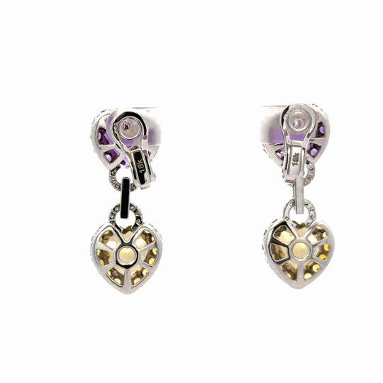 Citrine Amethyst Diamond Heart in 18K White Gold Necklace & Earring Set