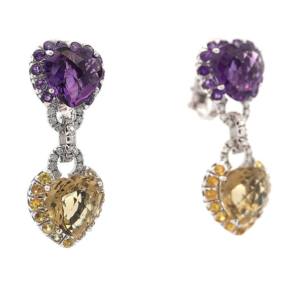 Citrine Amethyst Diamond Heart in 18K White Gold Necklace & Earring Set