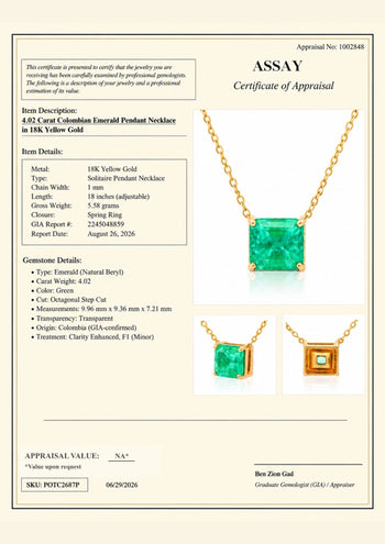 GIA 4.02 Ct Colombian Emerald Solitaire Floating 18K Gold Pendant Necklace – Assay Jewelers