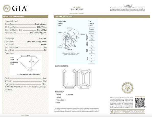 GIA Certified 1.11 Carat Fancy Brown Emerald Cut Diamond Drop Pendant Necklace