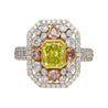 GIA Certified 1.15 Carat Radiant Cut Fancy Intense Yellowish Green Diamond Ring With Pink/White Side Stones