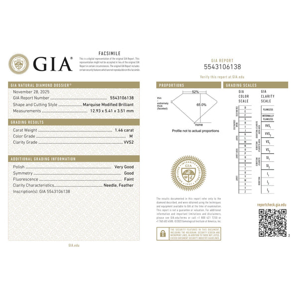 GIA Certified 1.46 Carat Marquise Diamond M/VVS2 Platinum Wide Band Ring